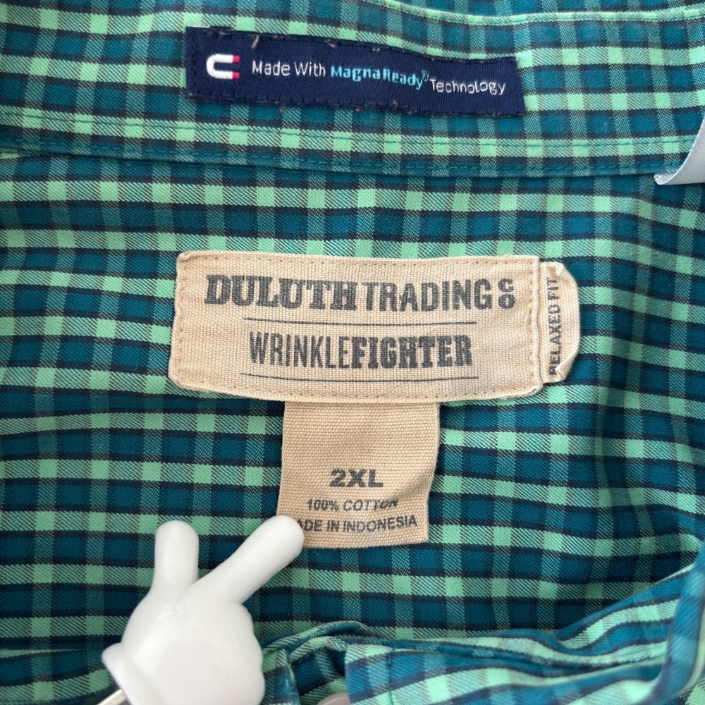 Duluth Trading Co Wrinklefighter Mens 2XL Green Gingham Magnet Button Down Shirt - Picture 5 of 8